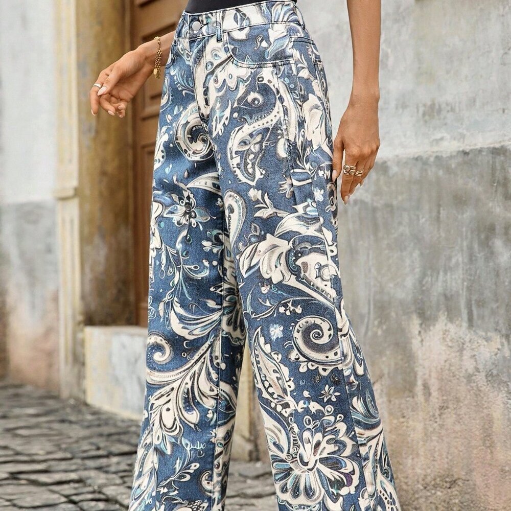 Blue Boho Women's Casual Vacation Paisley Print Side Pocket Denim Pants - Picture 6 of 8